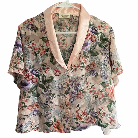 Victoria's Secret Other - Vintage Victoria’s Secret Sheer Floral Pajama Top w Pink Satin Trim A